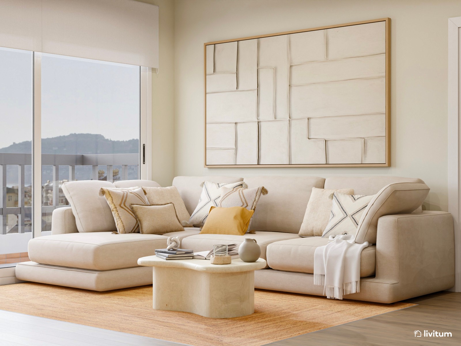 Salón abierto, alargado y estrecho muy acogedor 