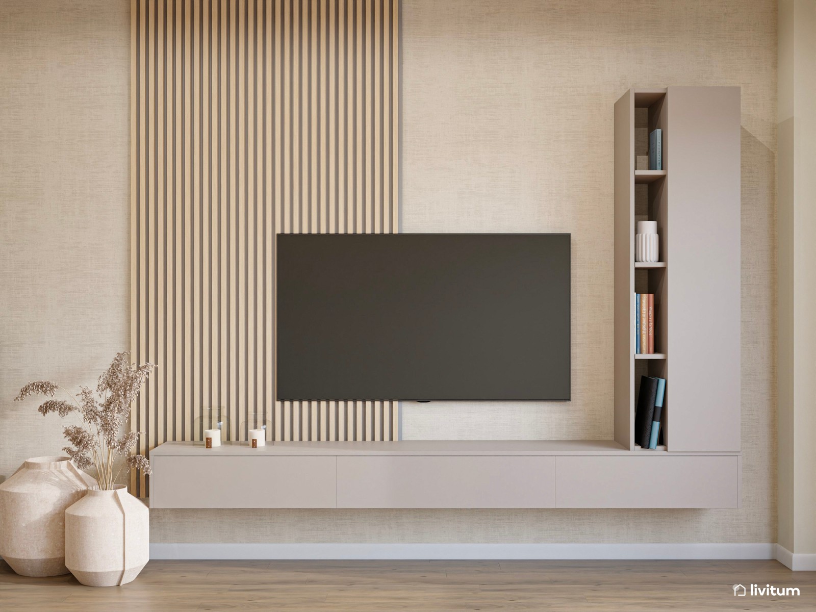 Salón abierto, alargado y estrecho muy acogedor 