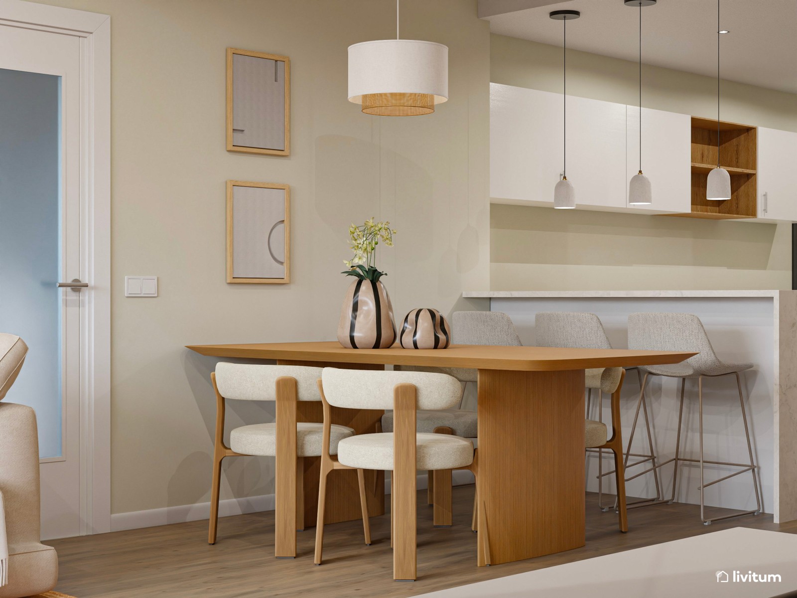 Salón abierto, alargado y estrecho muy acogedor 