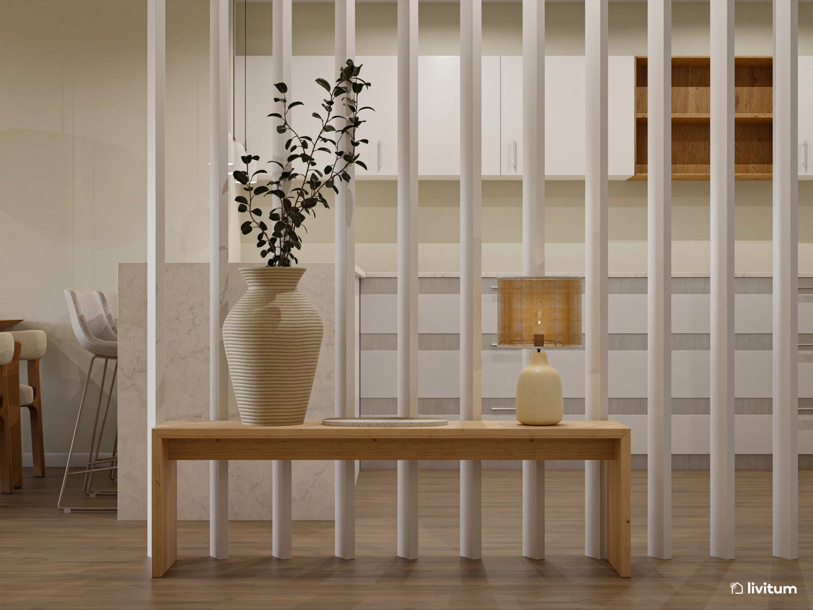 Salón abierto, alargado y estrecho muy acogedor 