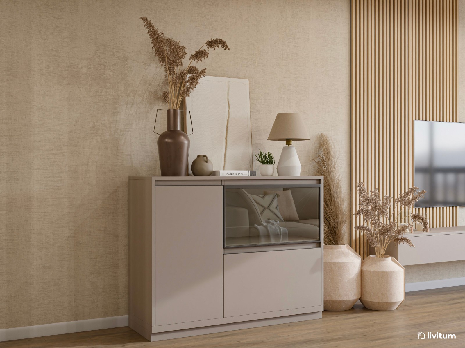 Salón abierto, alargado y estrecho muy acogedor 