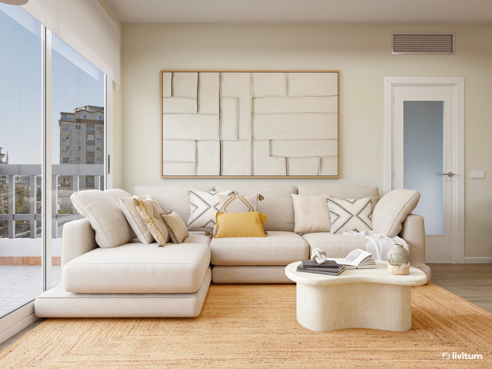 Salón abierto, alargado y estrecho muy acogedor 