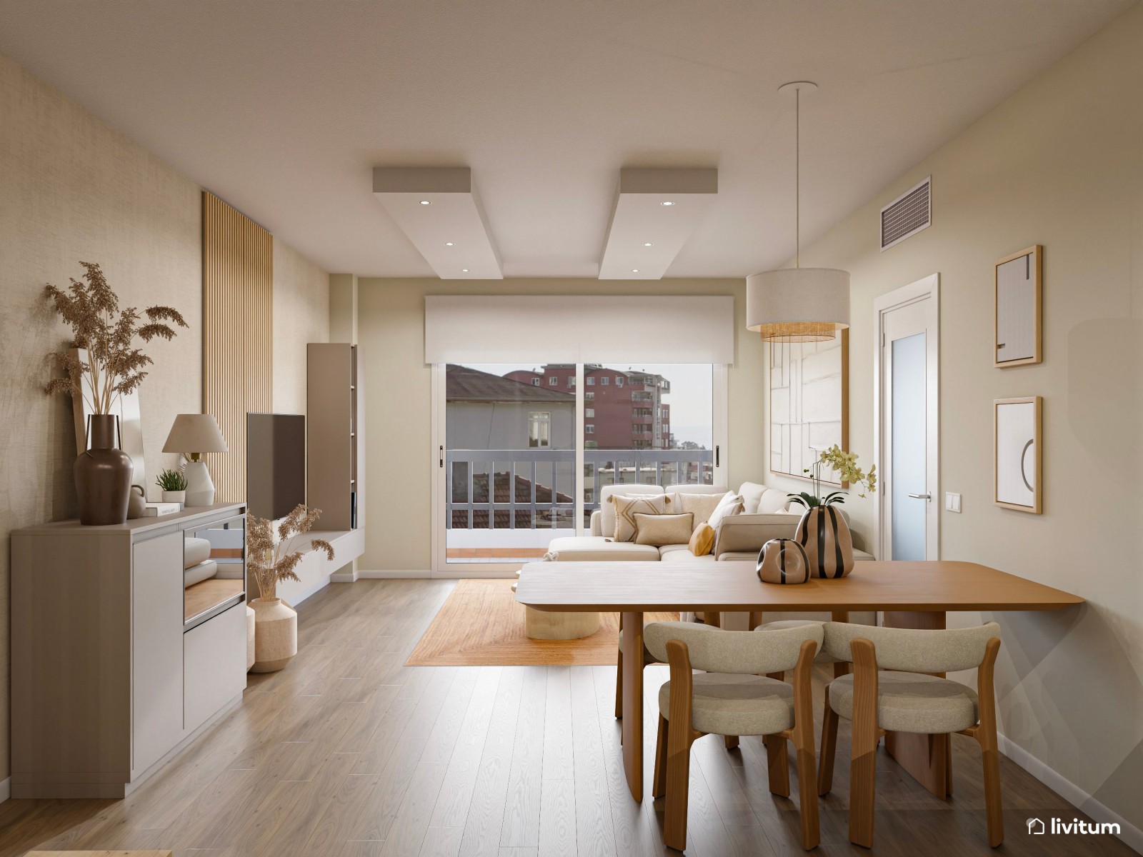 Salón abierto, alargado y estrecho muy acogedor 