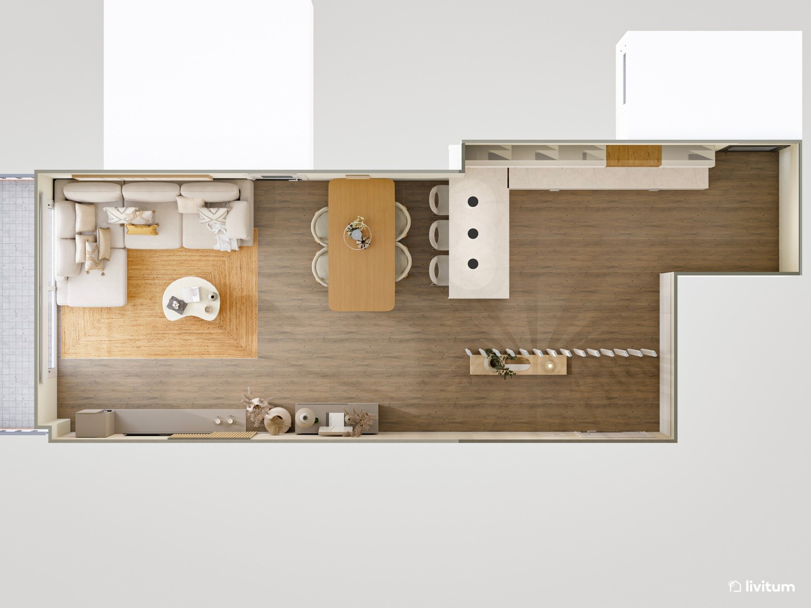 Salón abierto, alargado y estrecho muy acogedor 