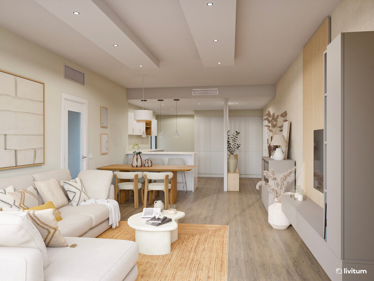 Salón abierto, alargado y estrecho muy acogedor