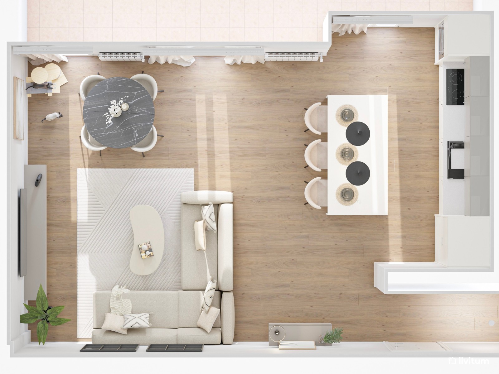 Salón abierto con mobiliario elegante de toques minimalistas