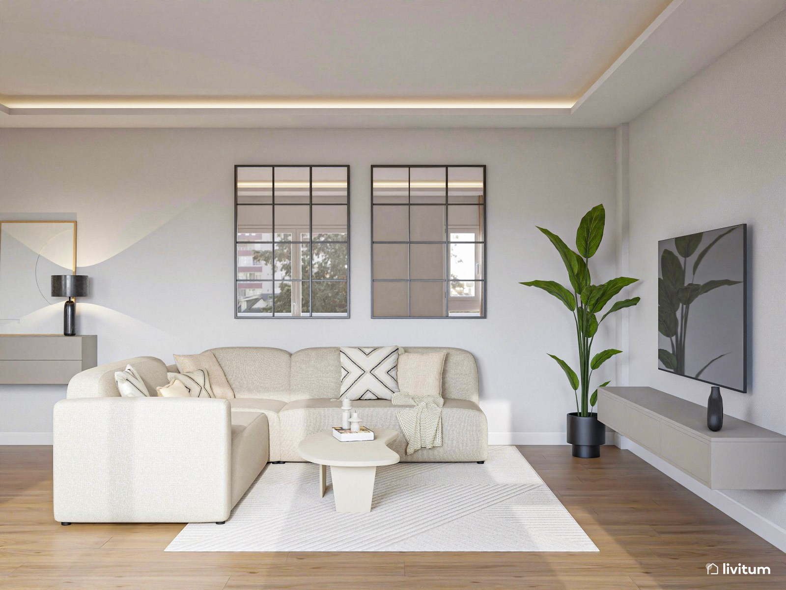 Salón abierto con mobiliario elegante de toques minimalistas