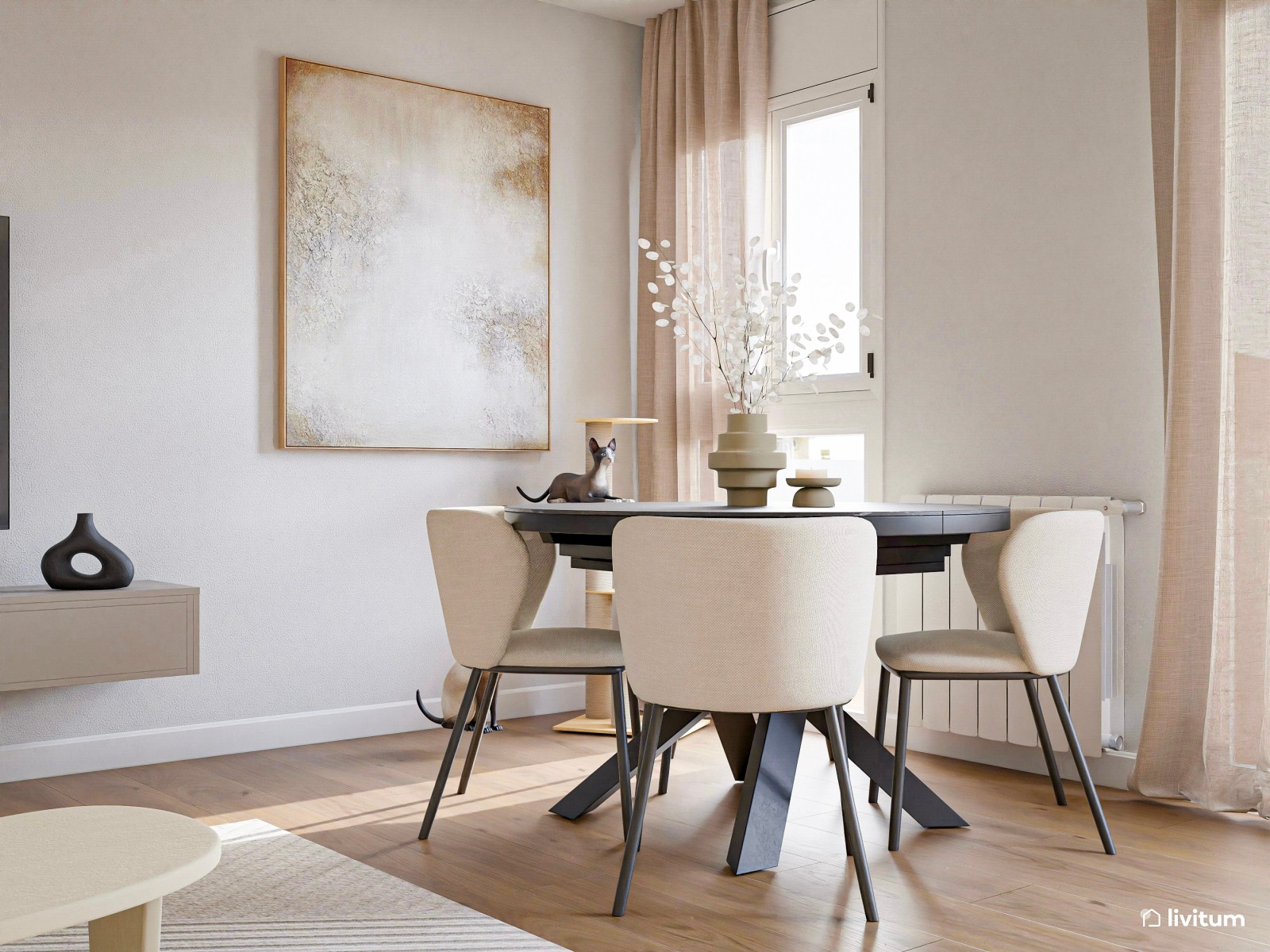 Salón abierto con mobiliario elegante de toques minimalistas