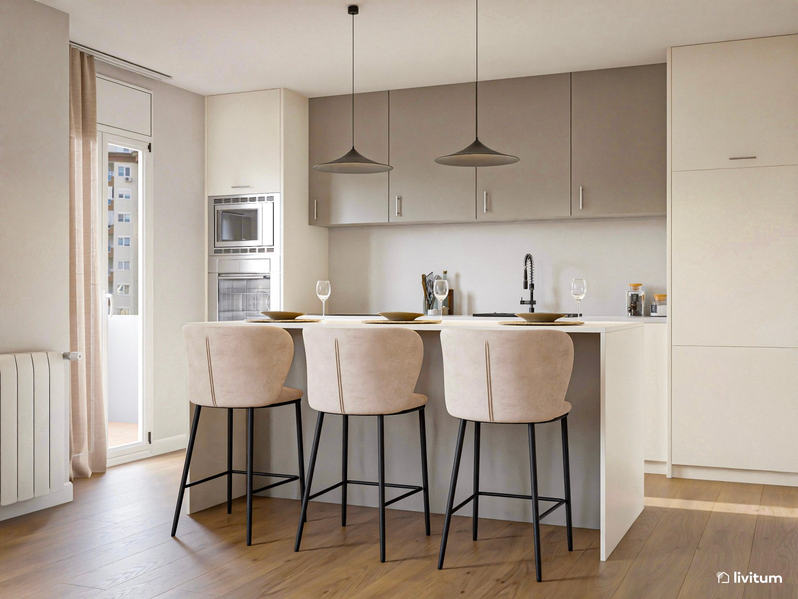 Salón abierto con mobiliario elegante de toques minimalistas