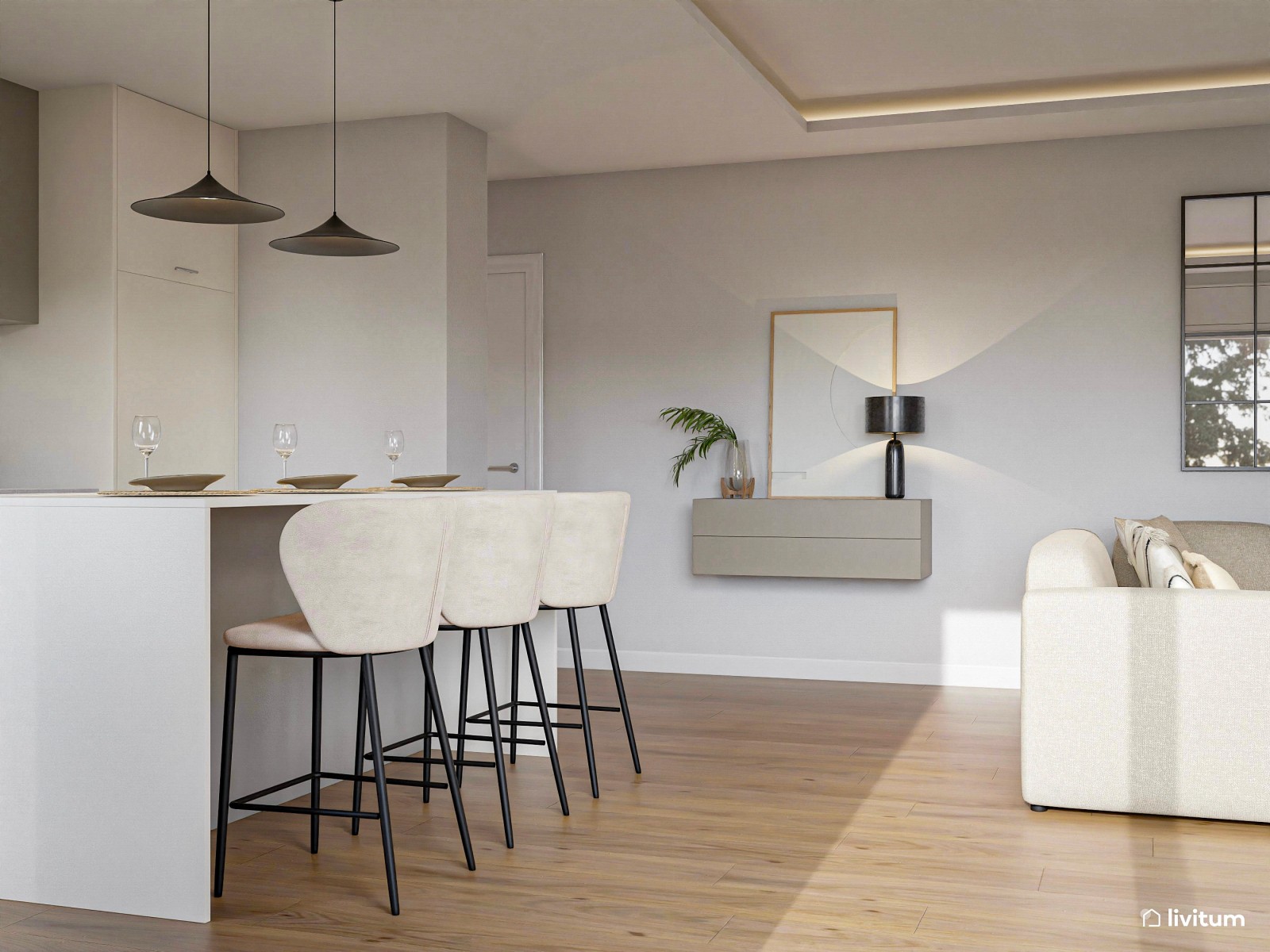 Salón abierto con mobiliario elegante de toques minimalistas