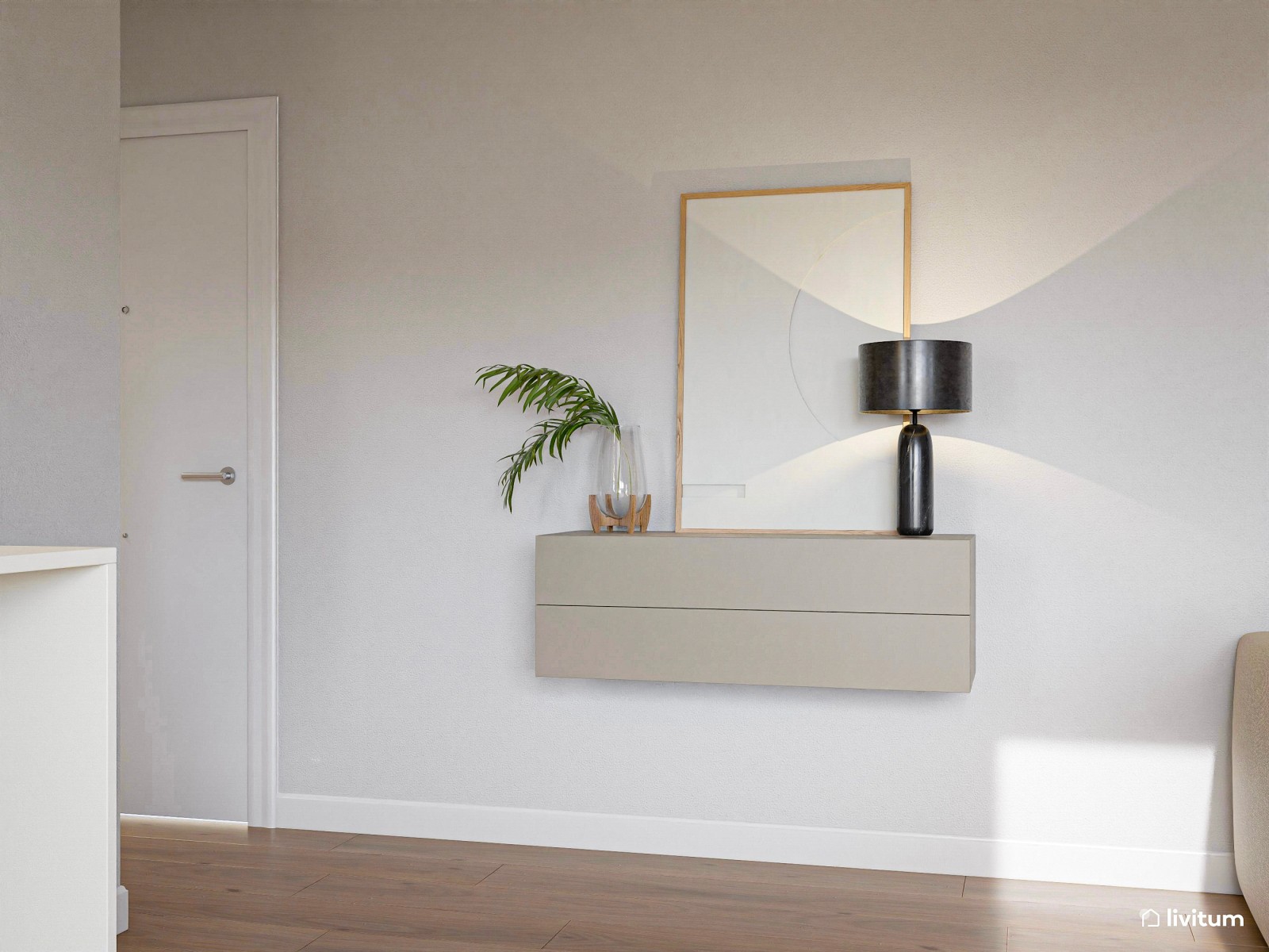 Salón abierto con mobiliario elegante de toques minimalistas
