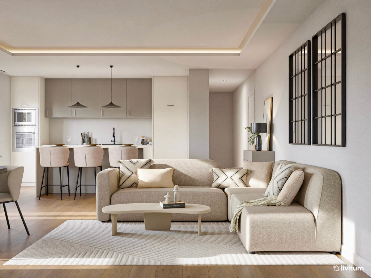 Salón abierto con mobiliario elegante de toques minimalistas