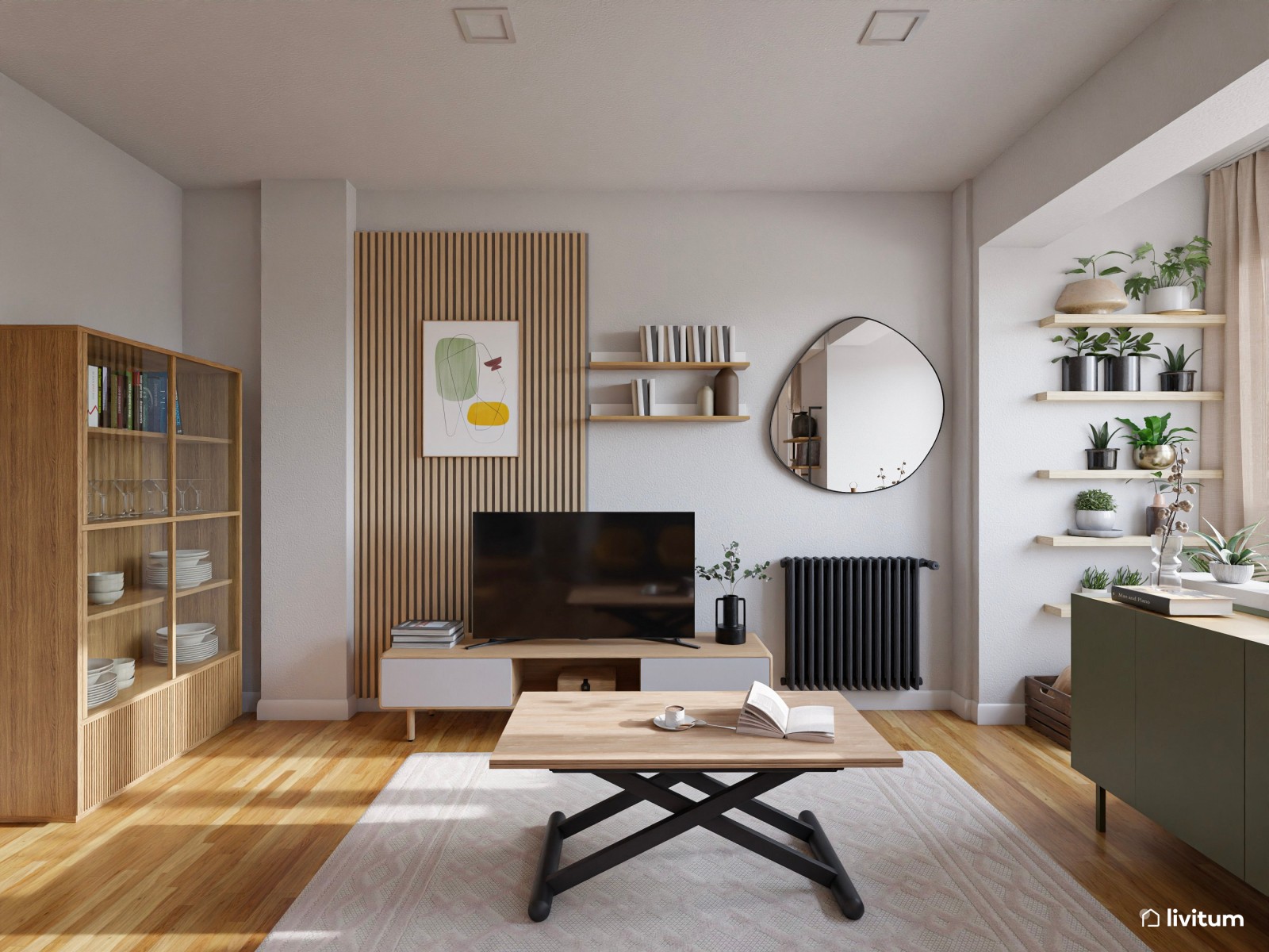 Salón abierto con recibido en madera y detalles en negro y verde