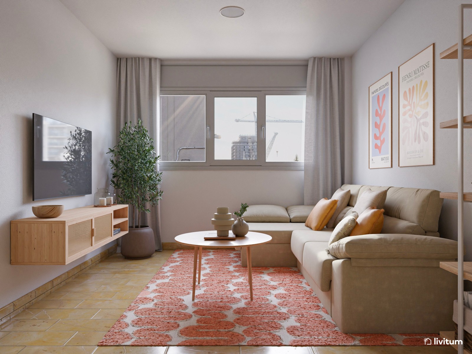 Salón abierto de 21 m² boho moderno muy alegre y colorido, con mobiliario de madera