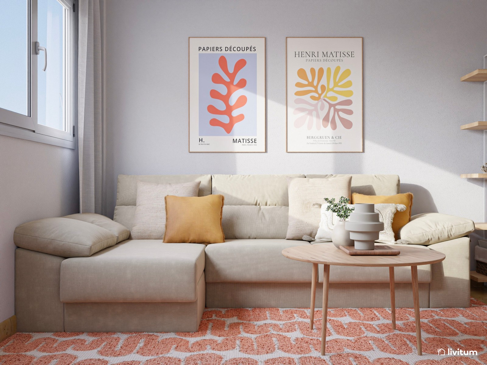 Salón abierto de 21 m² boho moderno muy alegre y colorido, con mobiliario de madera
