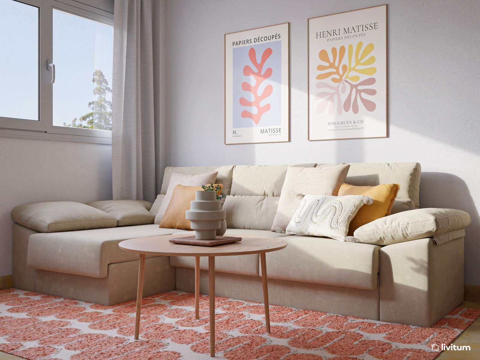 Salón abierto de 21 m² boho moderno muy alegre y colorido, con mobiliario de madera