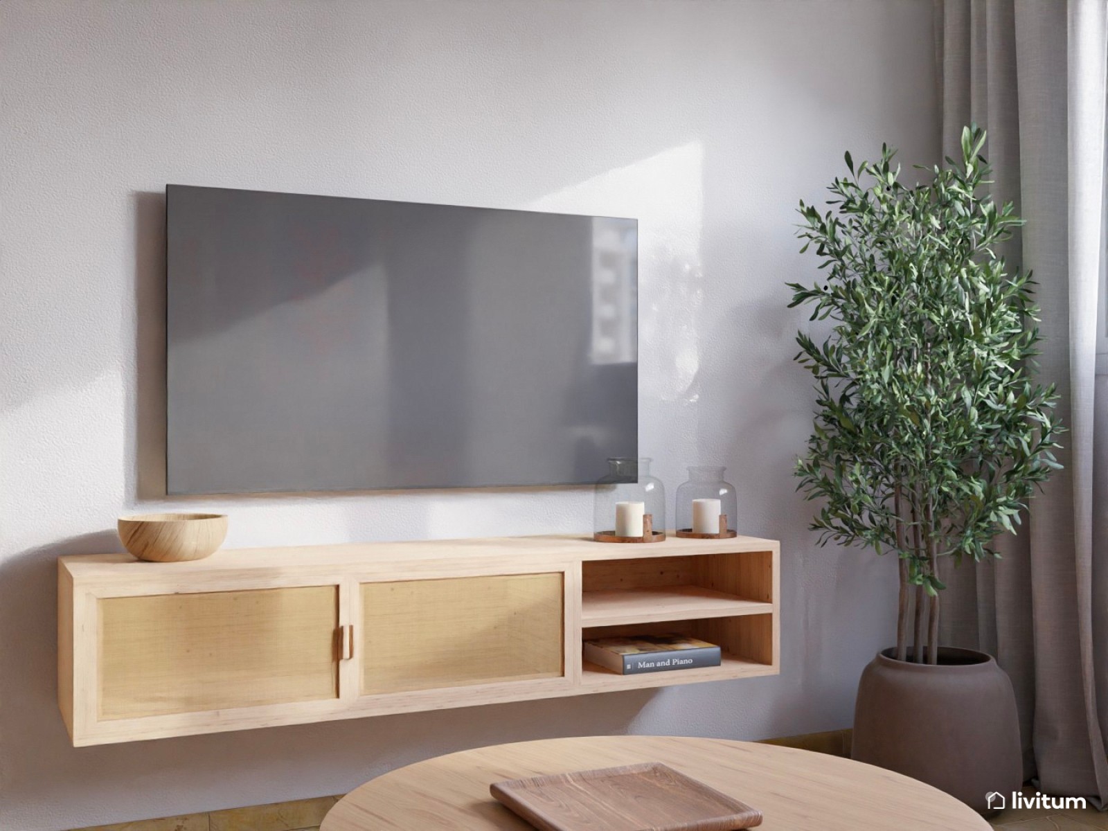 Salón abierto de 21 m² boho moderno muy alegre y colorido, con mobiliario de madera