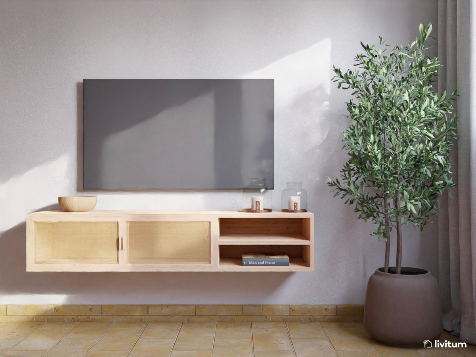 Salón abierto de 21 m² boho moderno muy alegre y colorido, con mobiliario de madera
