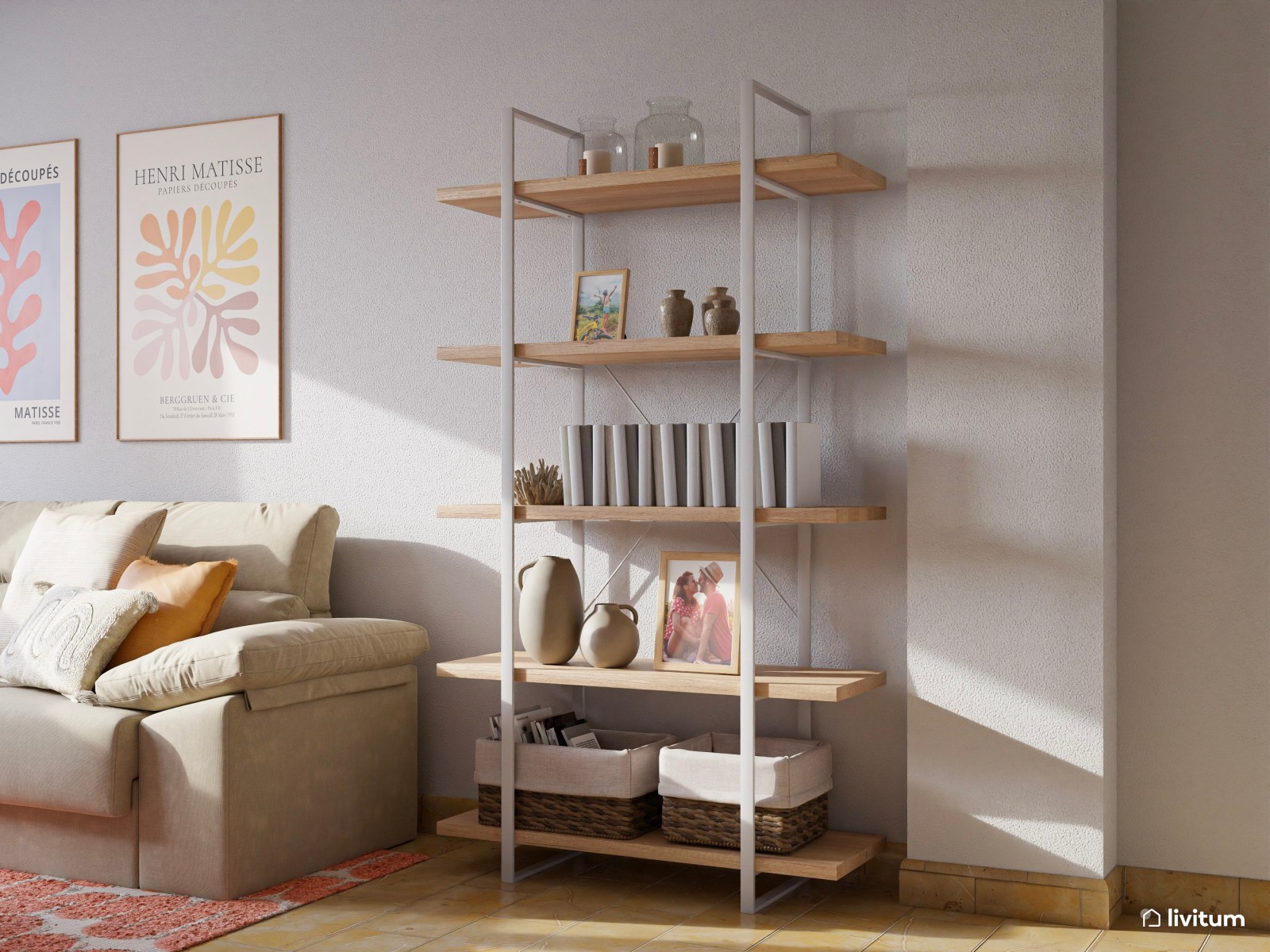 Salón abierto de 21 m² boho moderno muy alegre y colorido, con mobiliario de madera
