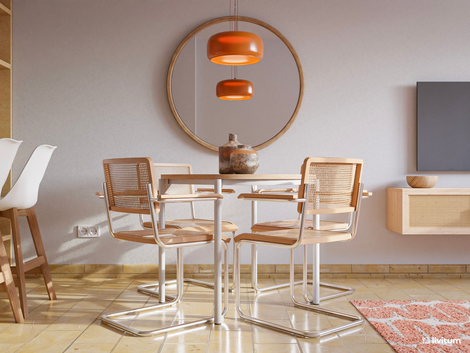 Salón abierto de 21 m² boho moderno muy alegre y colorido, con mobiliario de madera