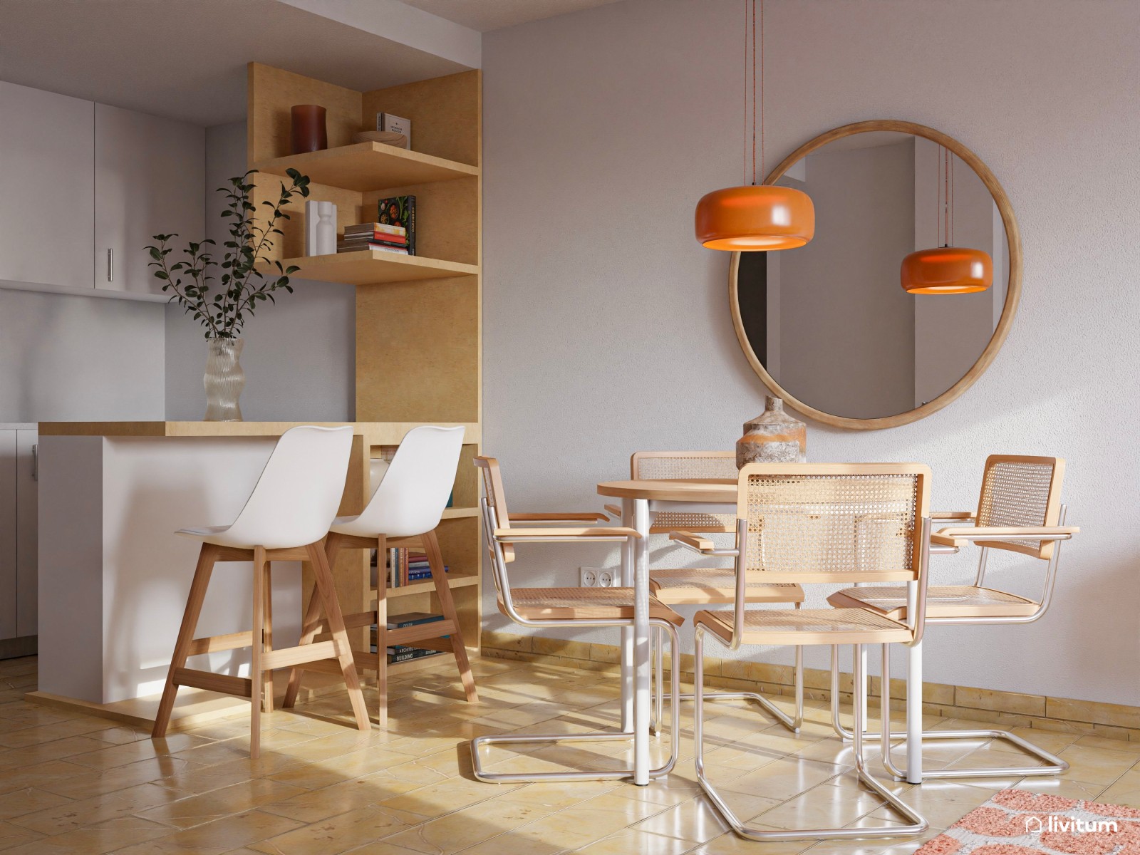 Salón abierto de 21 m² boho moderno muy alegre y colorido, con mobiliario de madera