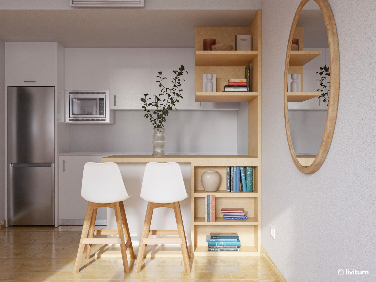 Salón abierto de 21 m² boho moderno muy alegre y colorido, con mobiliario de madera