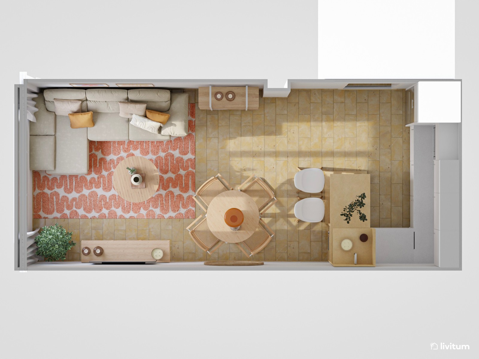 Salón abierto de 21 m² boho moderno muy alegre y colorido, con mobiliario de madera