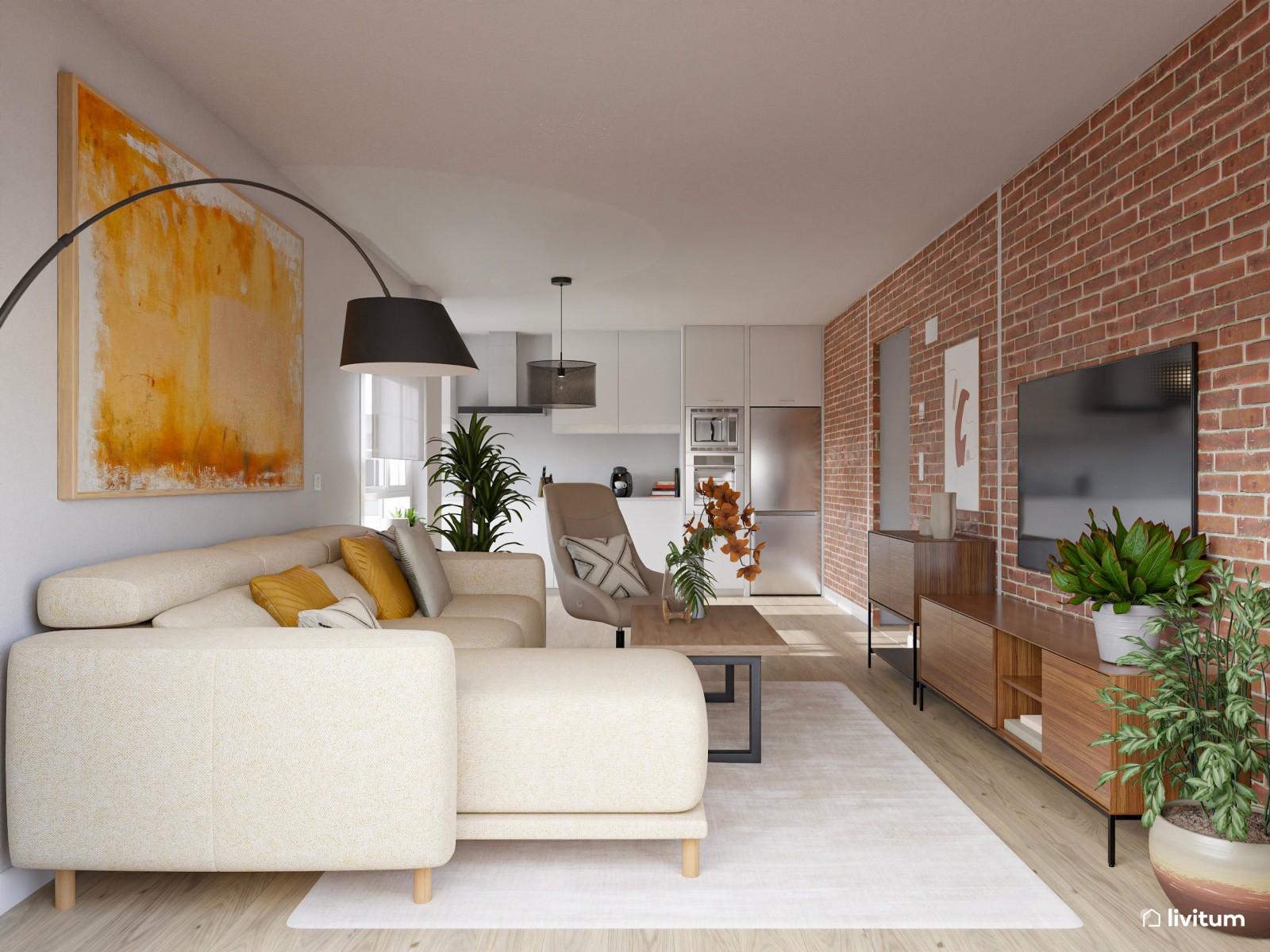 Salón abierto de estilo industrial con pared de ladrillos vistos