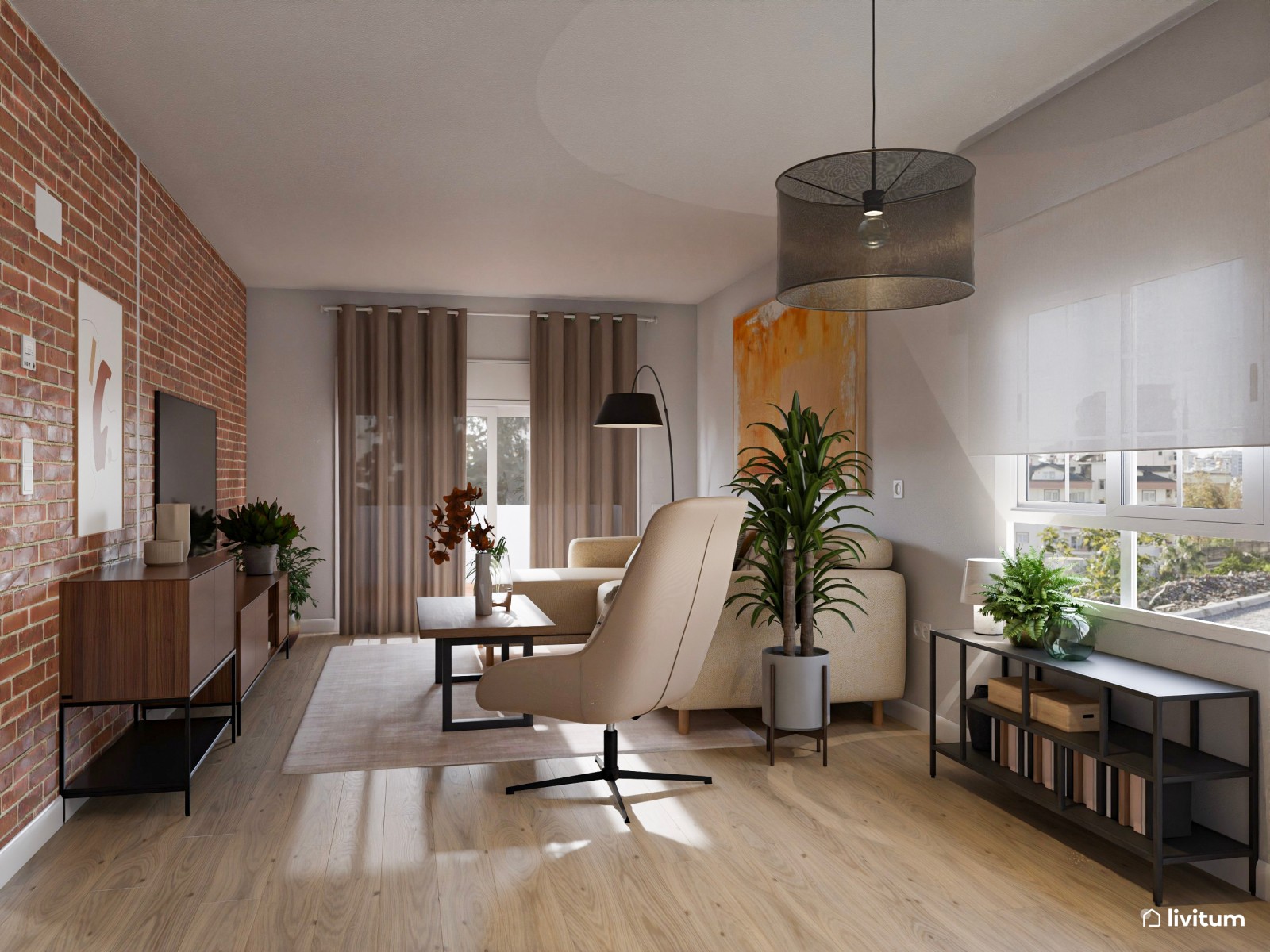 Salón abierto de estilo industrial con pared de ladrillos vistos