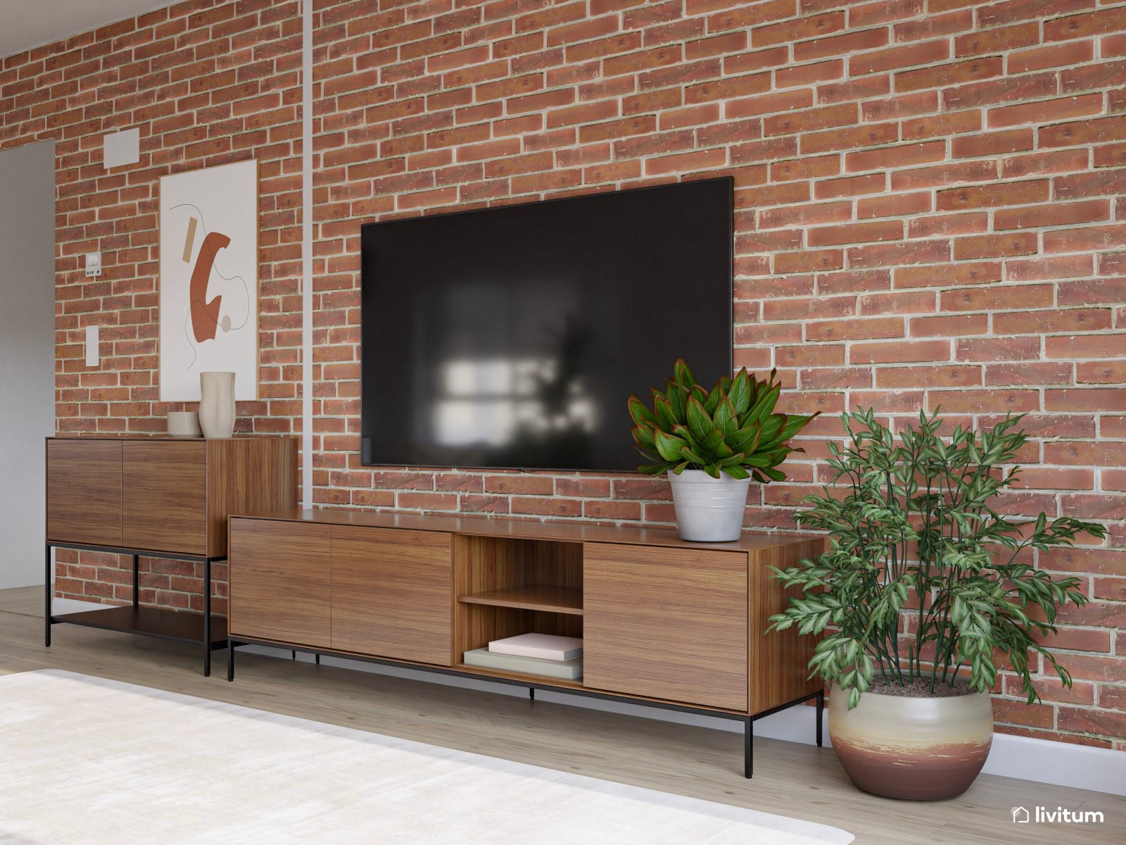 Salón abierto de estilo industrial con pared de ladrillos vistos