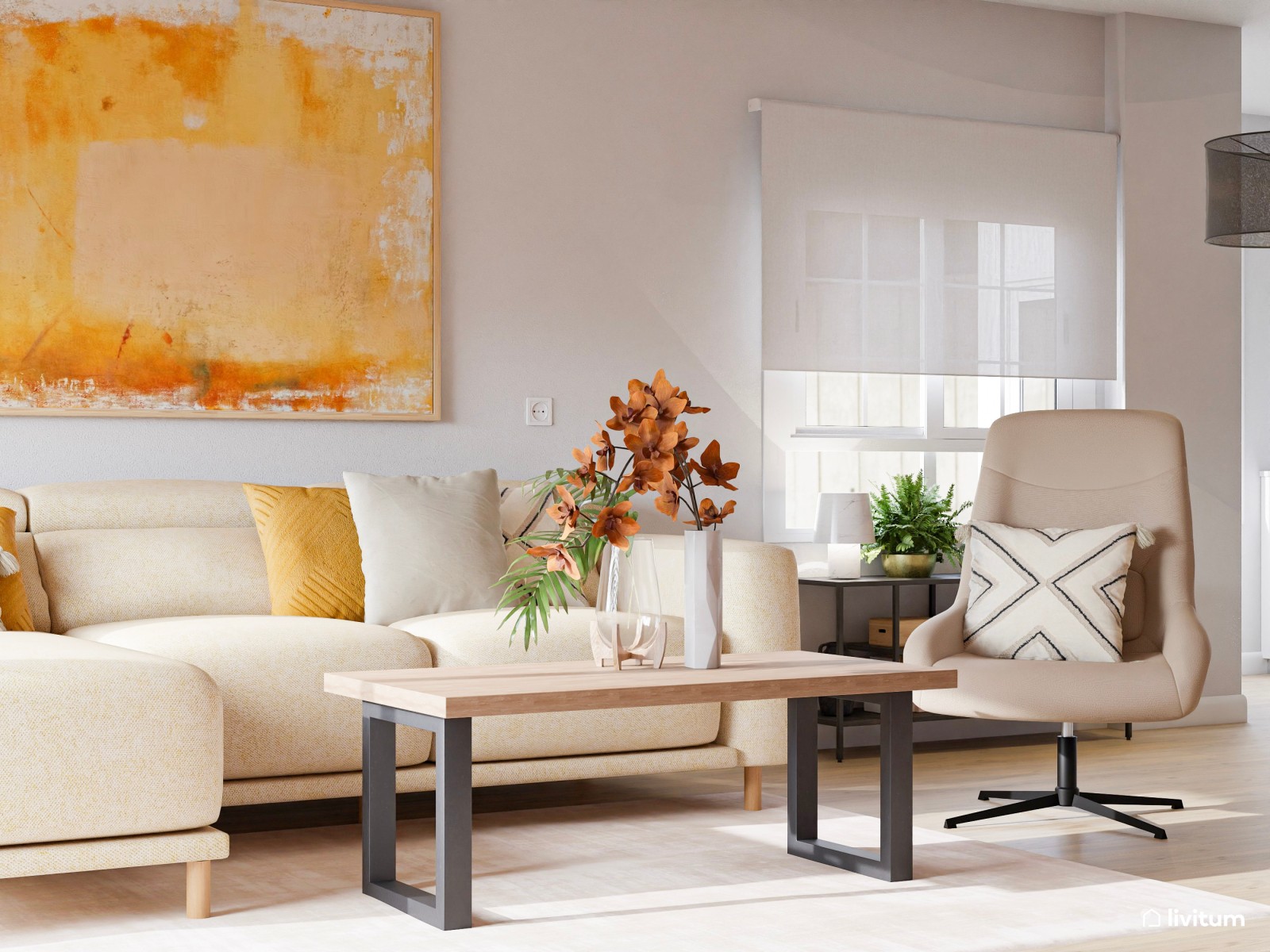 Salón abierto de estilo industrial con pared de ladrillos vistos