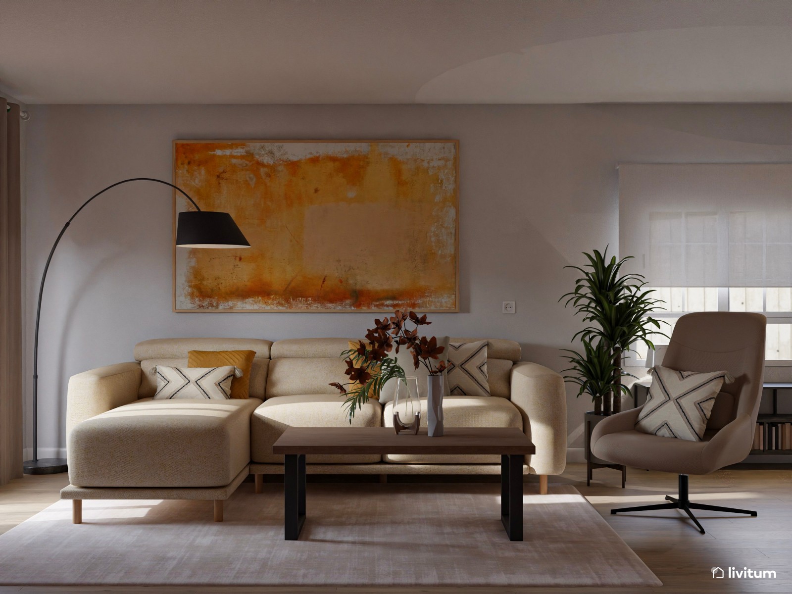 Salón abierto de estilo industrial con pared de ladrillos vistos