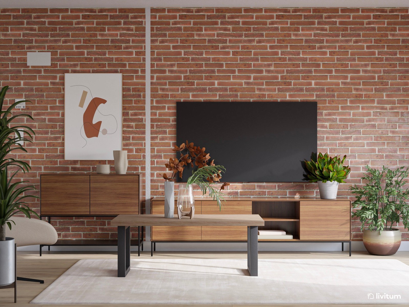 Salón abierto de estilo industrial con pared de ladrillos vistos