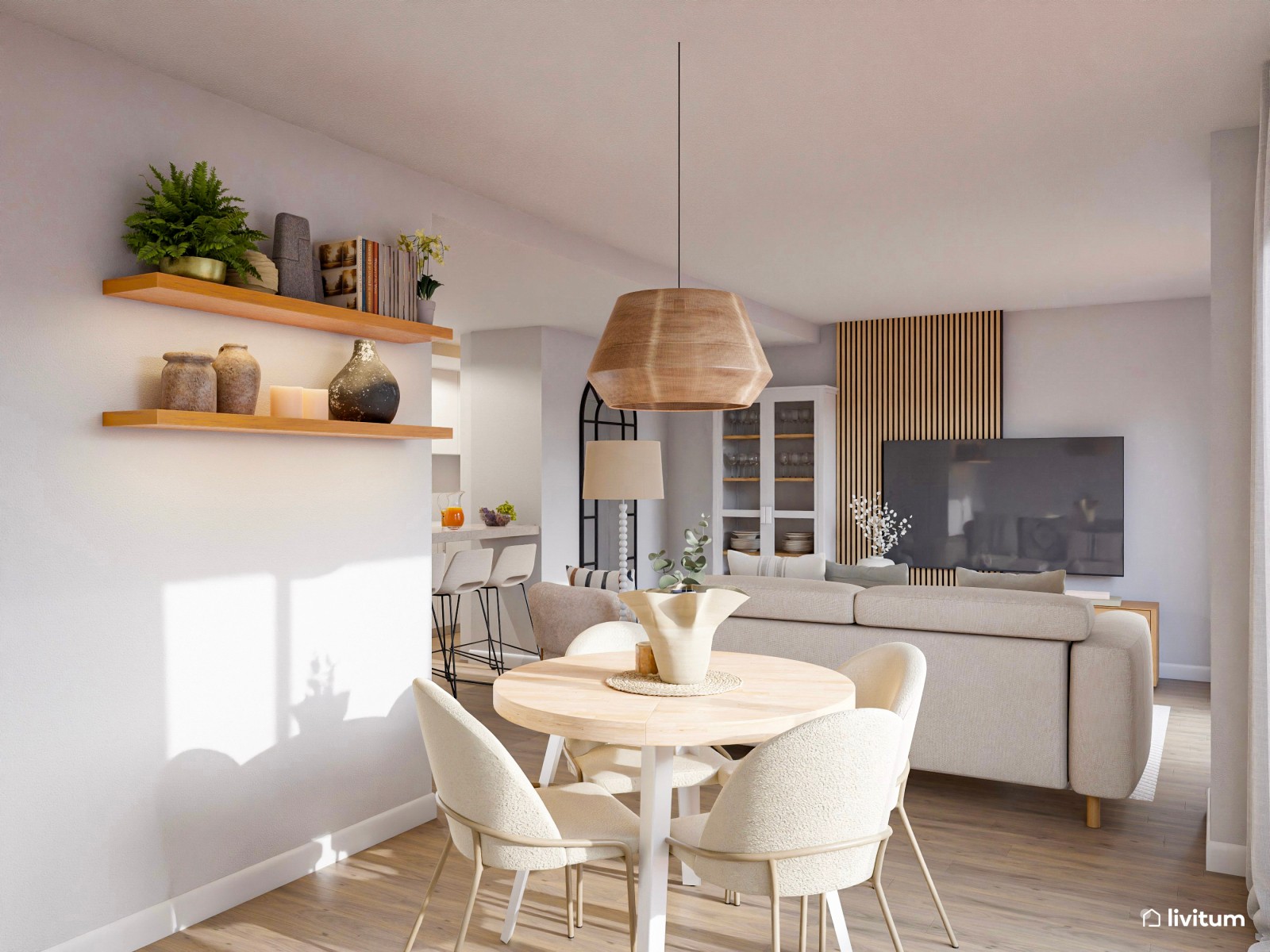 Salón abierto de estilo nórdico con comedor, cocina y recibidor