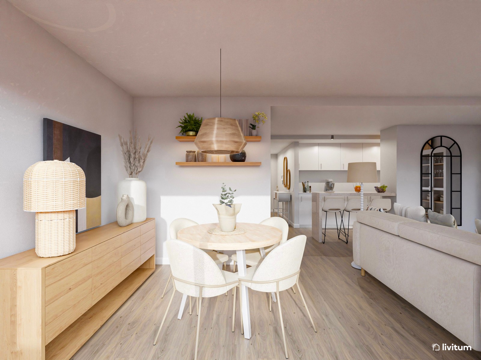 Salón abierto de estilo nórdico con comedor, cocina y recibidor