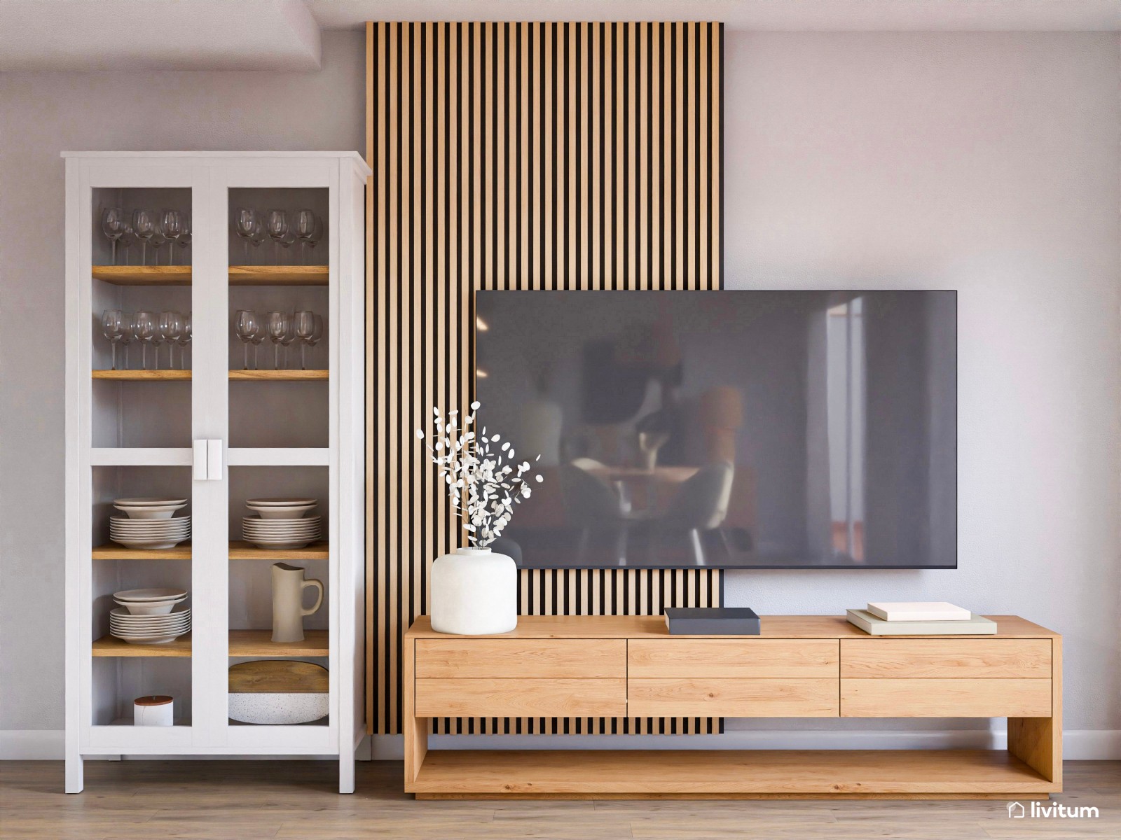 Salón abierto de estilo nórdico con comedor, cocina y recibidor