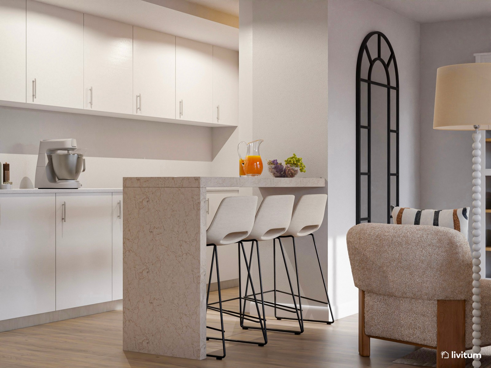 Salón abierto de estilo nórdico con comedor, cocina y recibidor