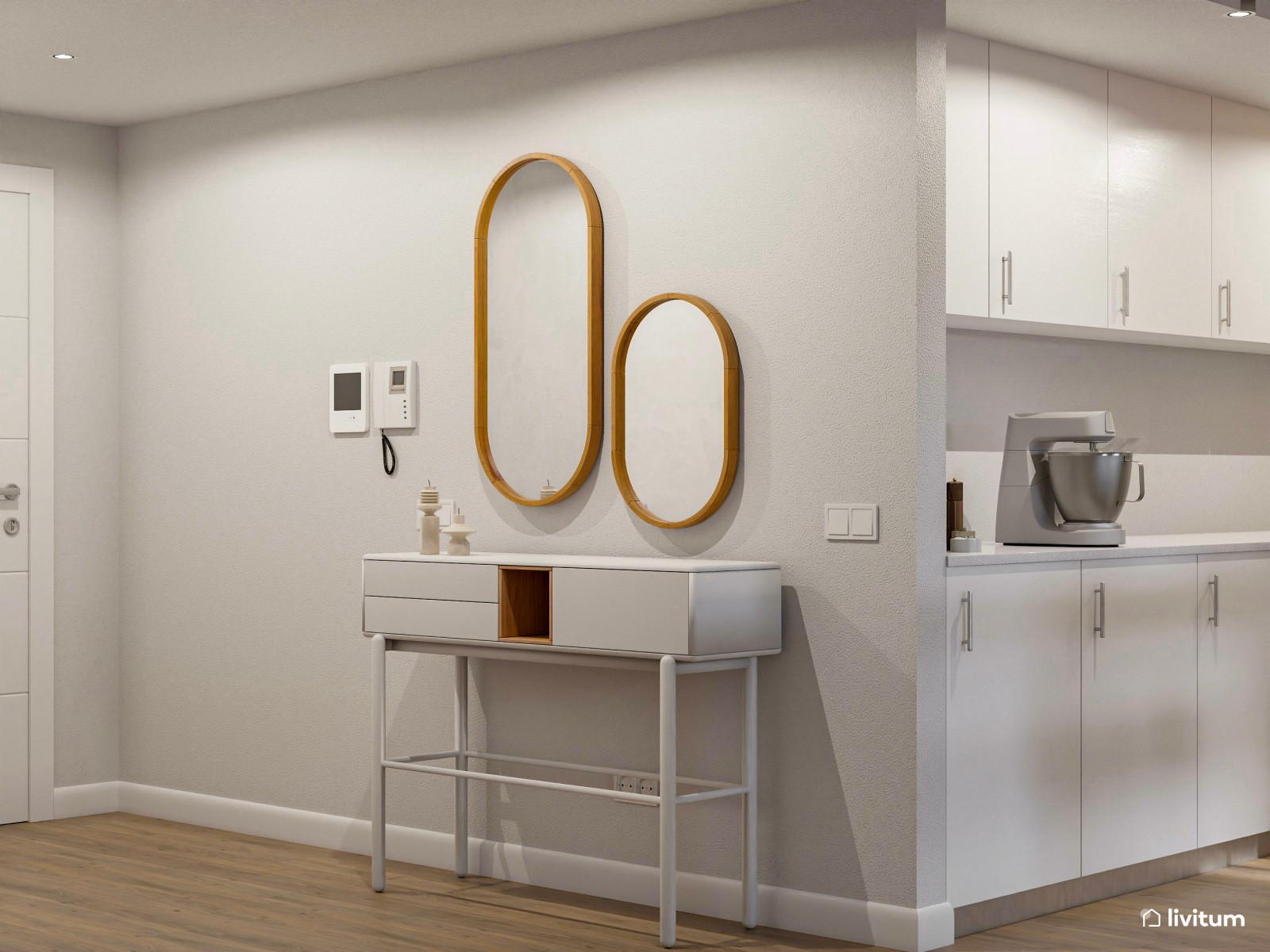 Salón abierto de estilo nórdico con comedor, cocina y recibidor