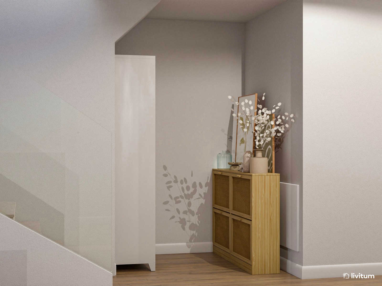 Salón abierto de estilo nórdico con comedor, cocina y recibidor