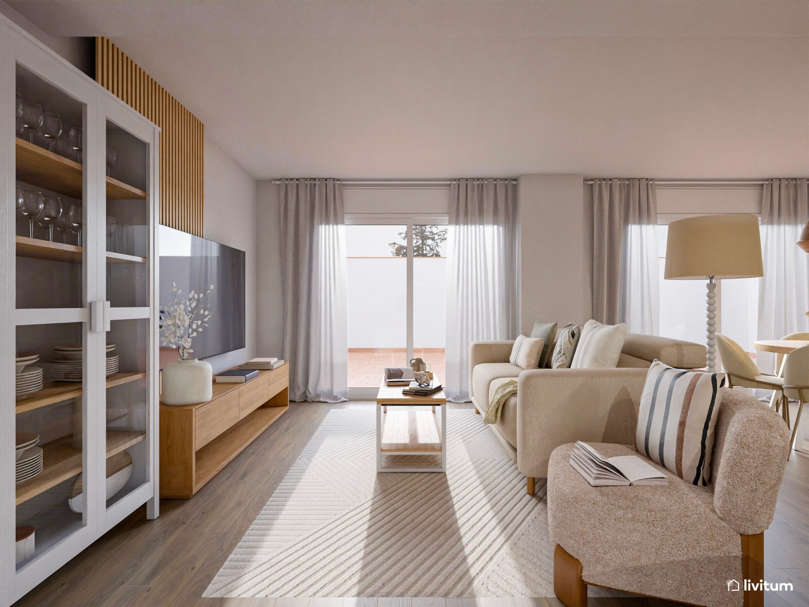 Salón abierto de estilo nórdico con comedor, cocina y recibidor