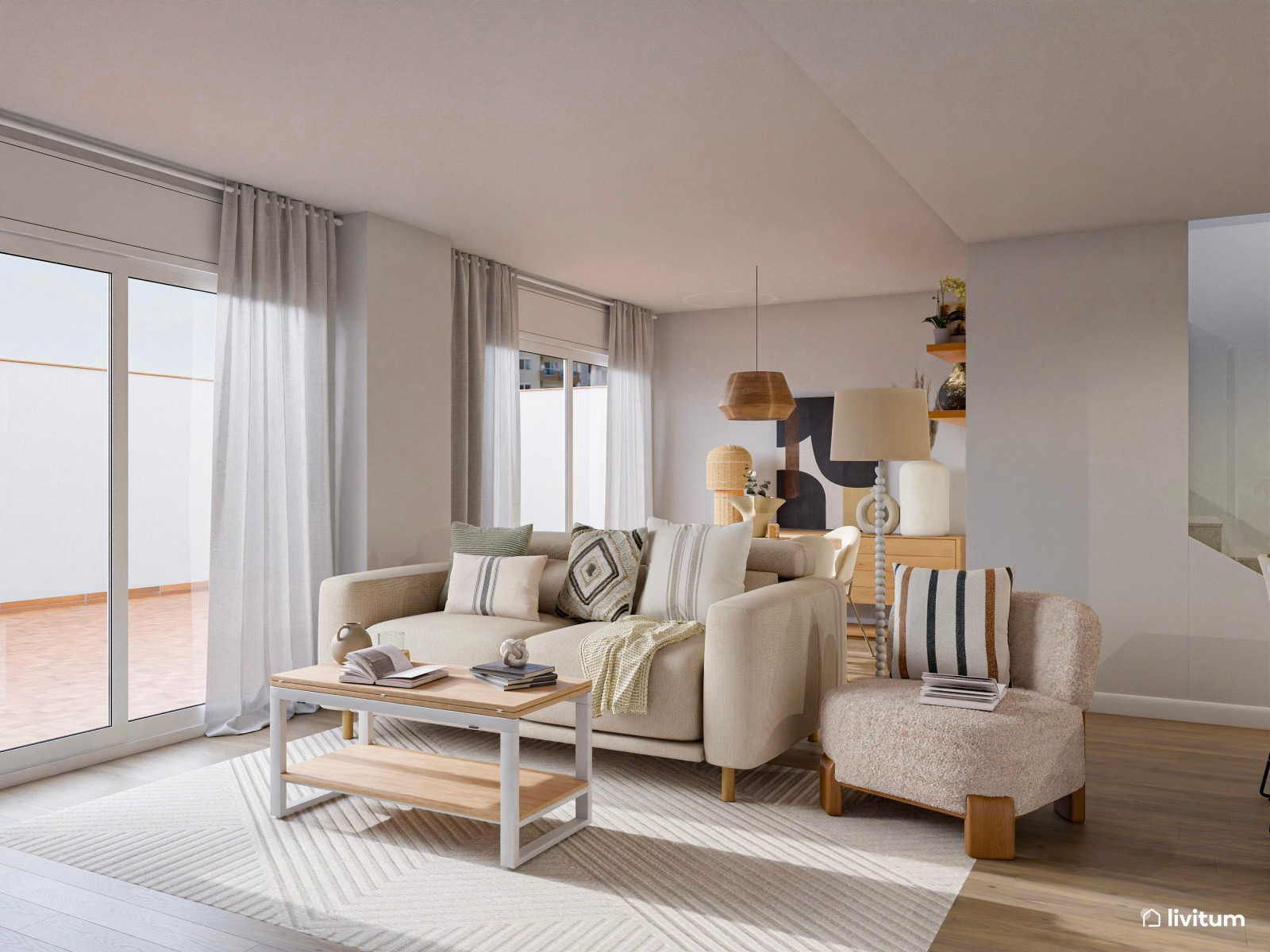 Salón abierto de estilo nórdico con comedor, cocina y recibidor