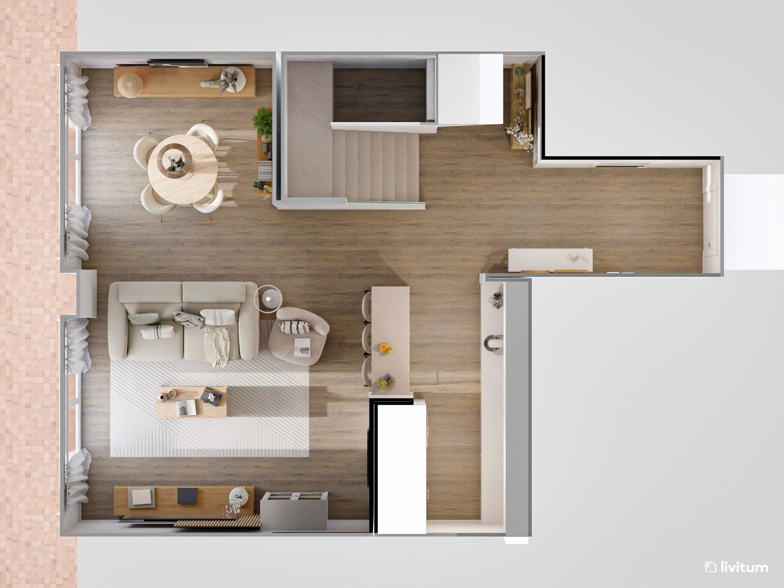 Salón abierto de estilo nórdico con comedor, cocina y recibidor