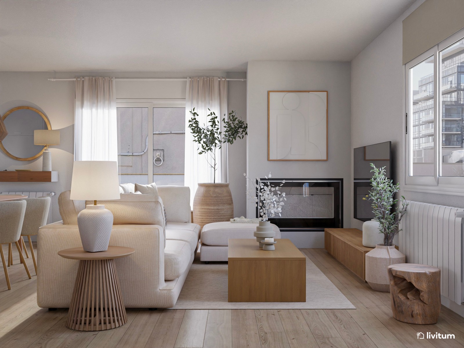 Salón abierto de estilo nórdico en tono claro y materiales naturales