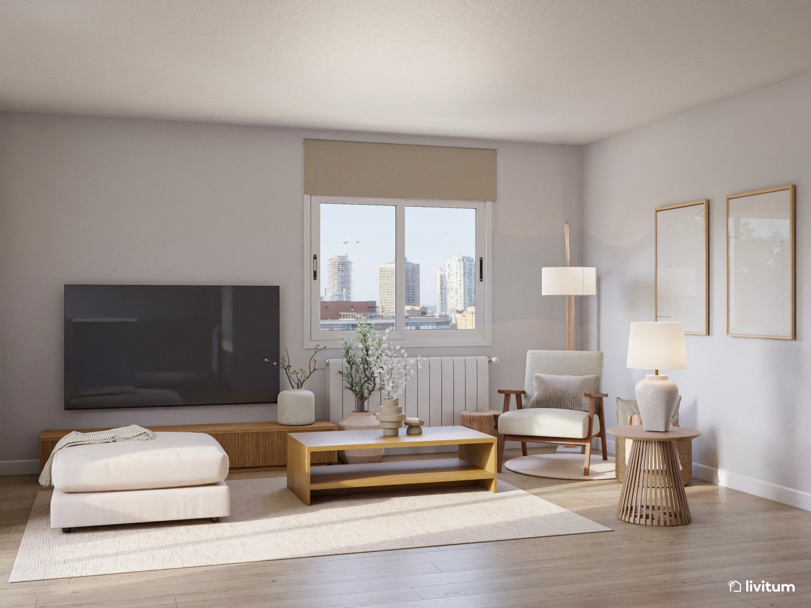 Salón abierto de estilo nórdico en tono claro y materiales naturales