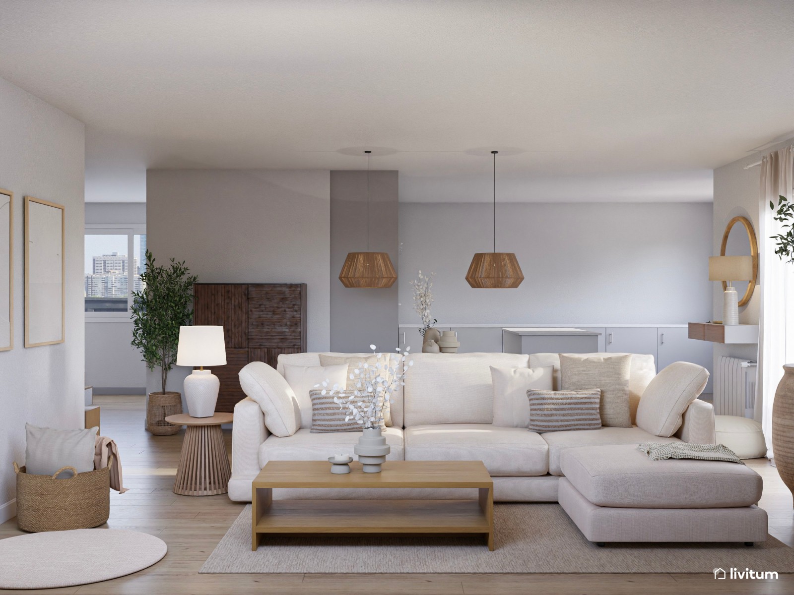 Salón abierto de estilo nórdico en tono claro y materiales naturales