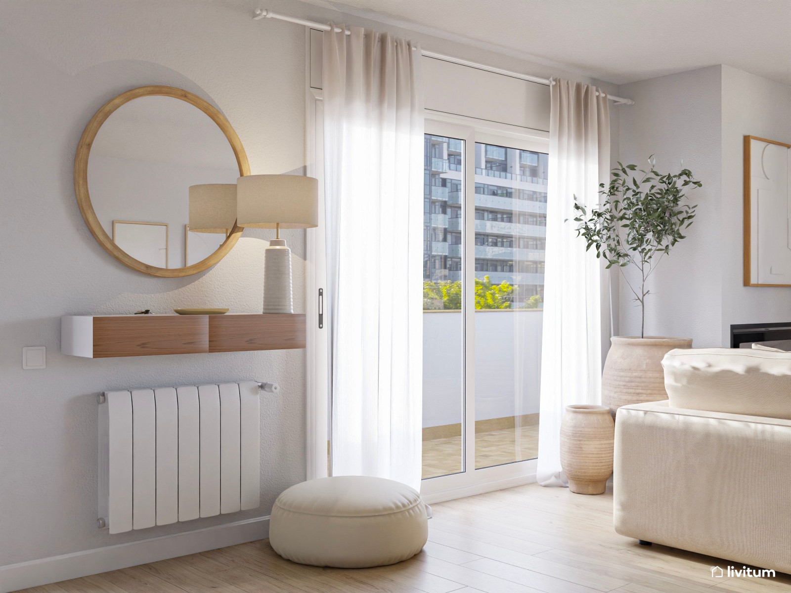 Salón abierto de estilo nórdico en tono claro y materiales naturales