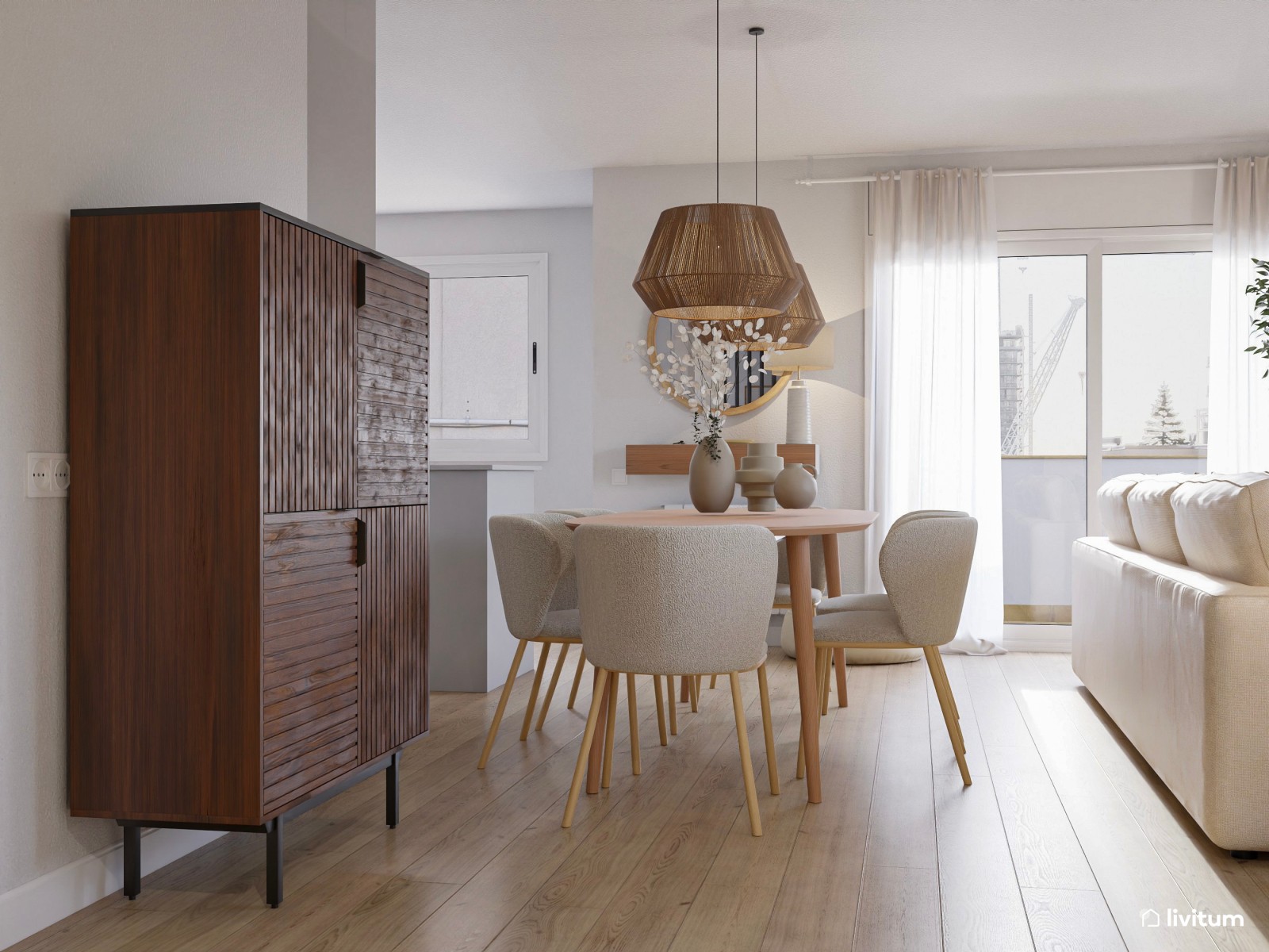 Salón abierto de estilo nórdico en tono claro y materiales naturales