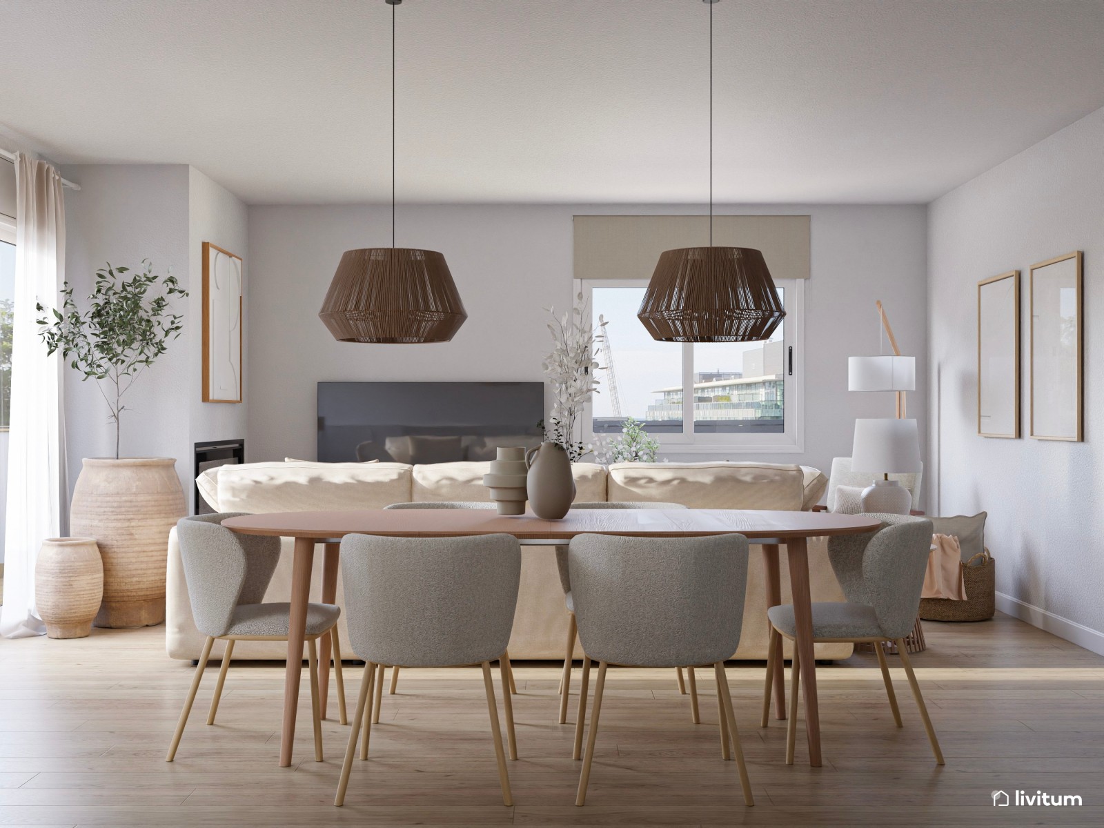 Salón abierto de estilo nórdico en tono claro y materiales naturales