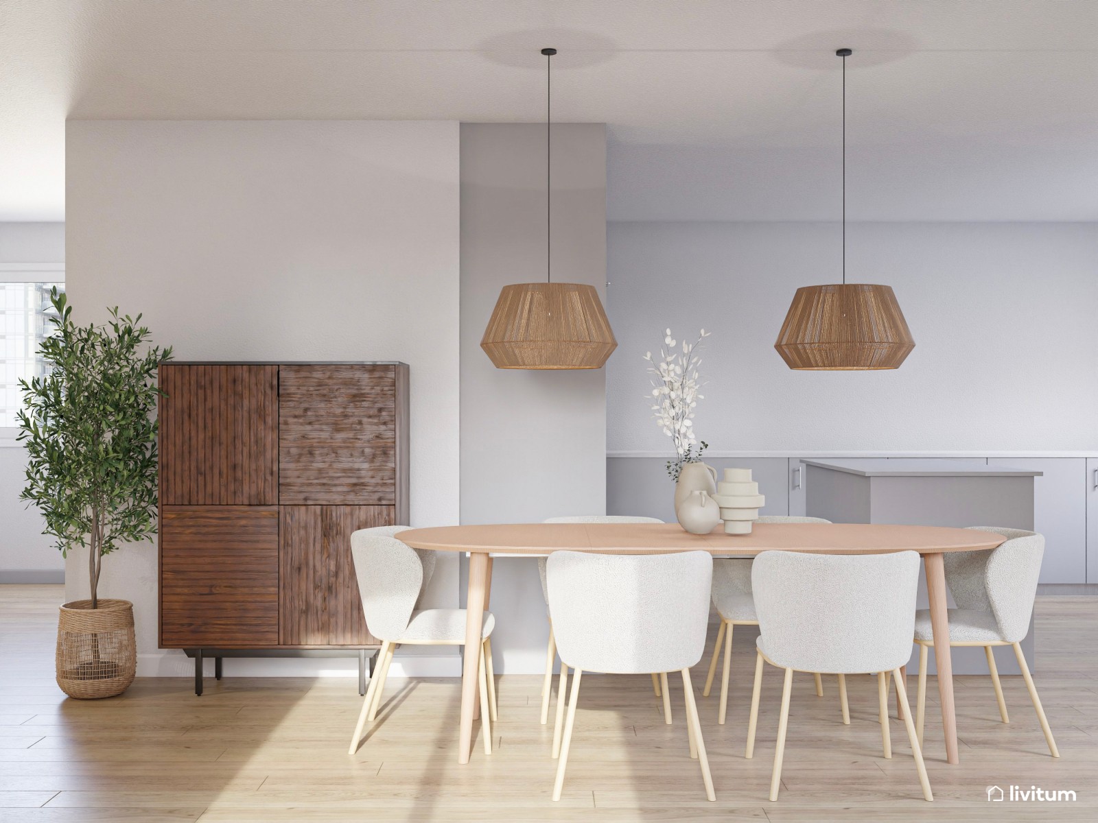 Salón abierto de estilo nórdico en tono claro y materiales naturales