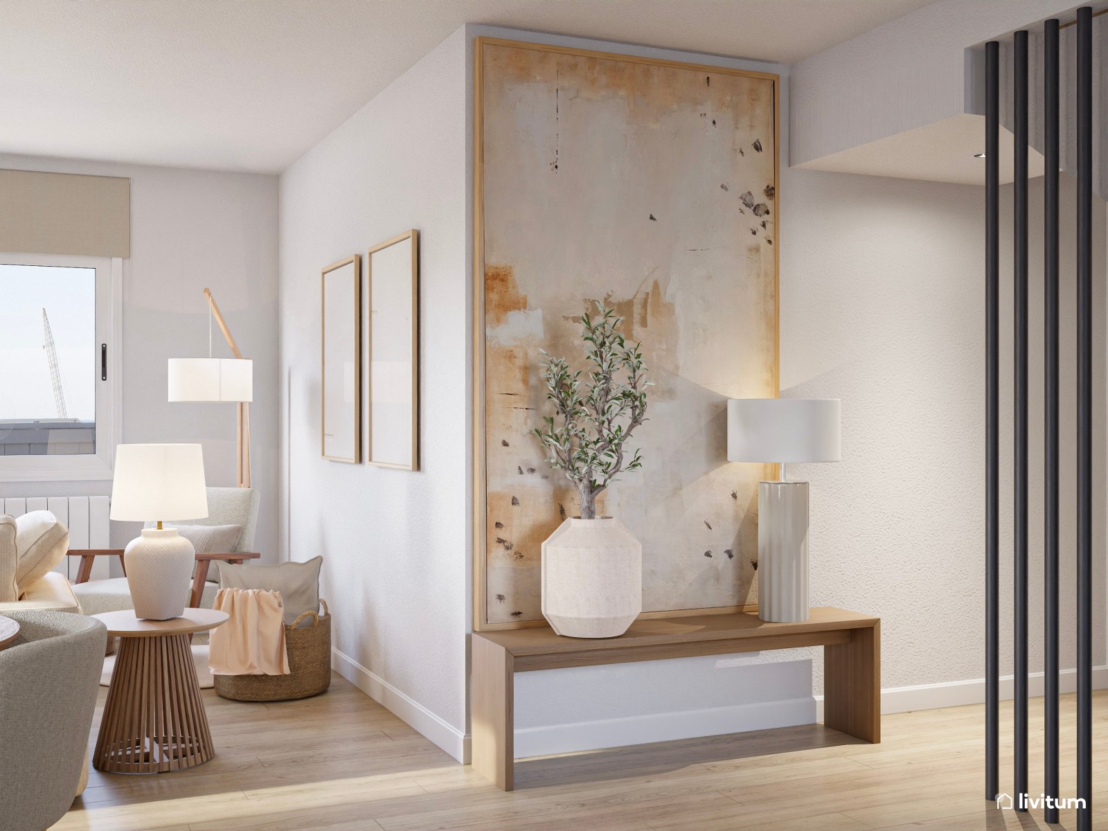 Salón abierto de estilo nórdico en tono claro y materiales naturales